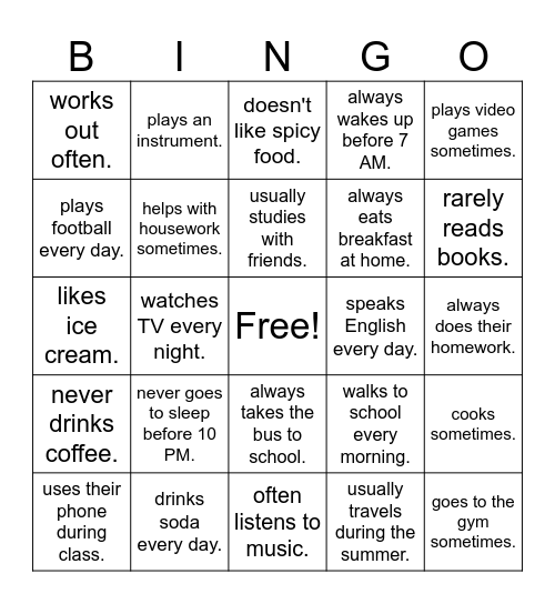 Present Simple Review - Find Someone Who... Bingo Card