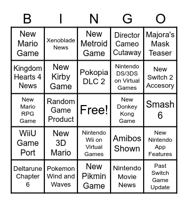 Nintedo Direct 9/9/2026 Bingo Card