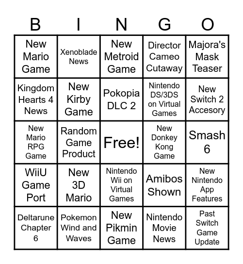 Nintedo Direct 9/9/2026 Bingo Card