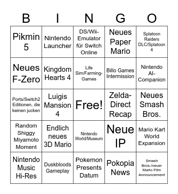 Nintendo Direct Bingo Card