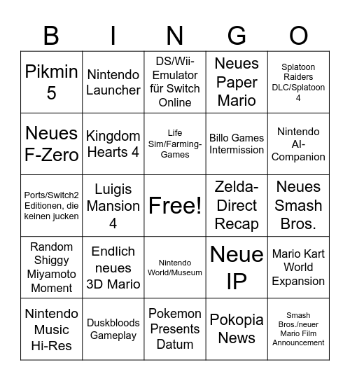 Nintendo Direct Bingo Card