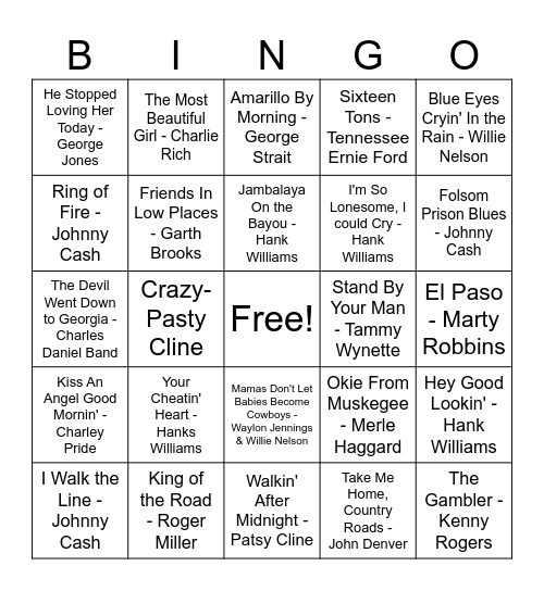Old Country Bingo Card