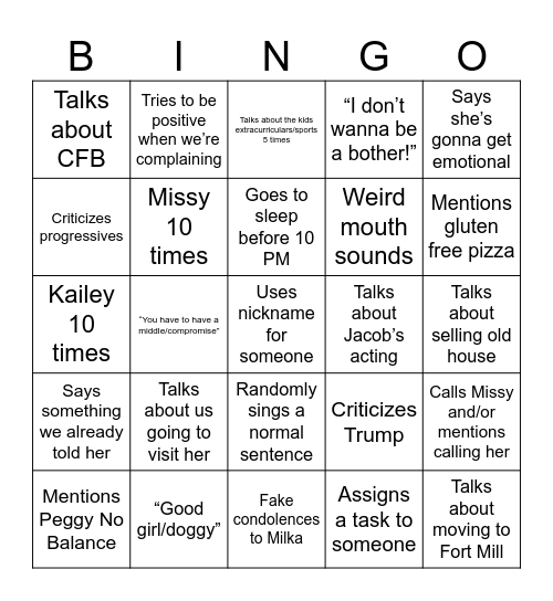 Grandma/Peggy Bingo Card