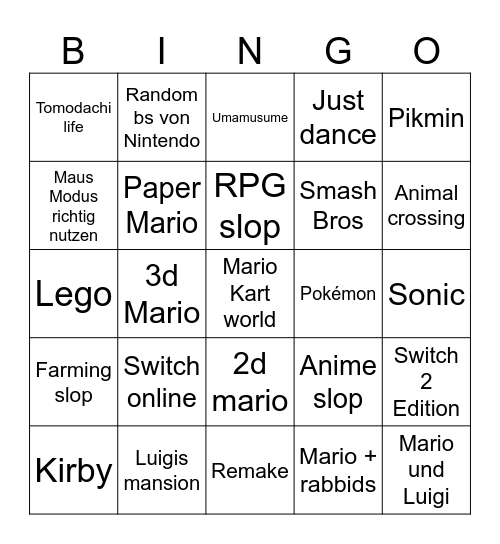 Nintendo Direct Bingo Card