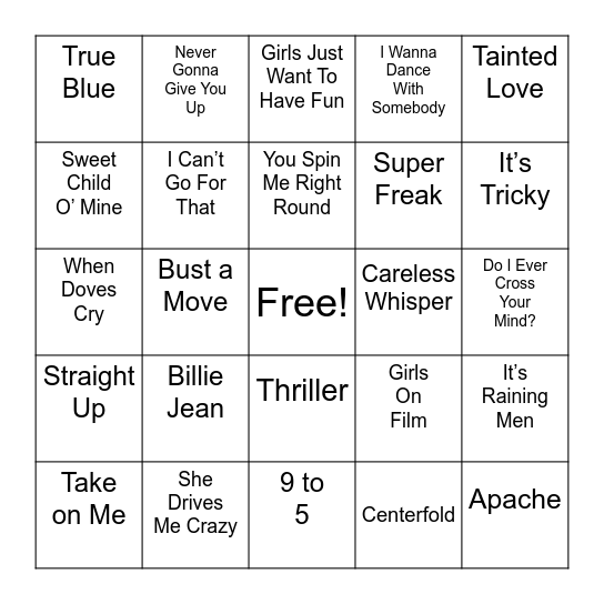 80s Bingo Card