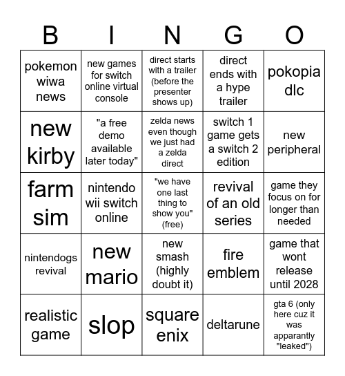 nintendo direct september 2026 Bingo Card