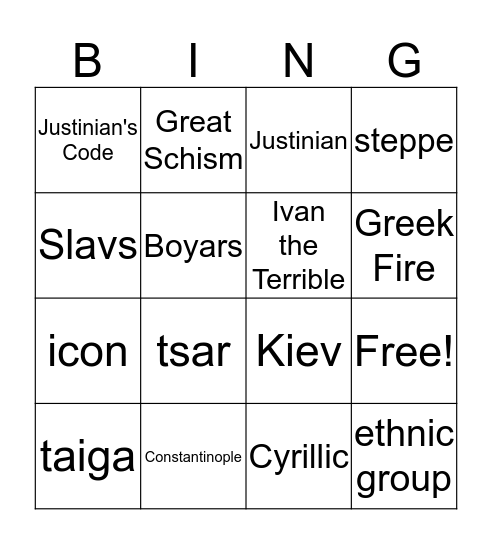 Byzantine Empire Bingo Card