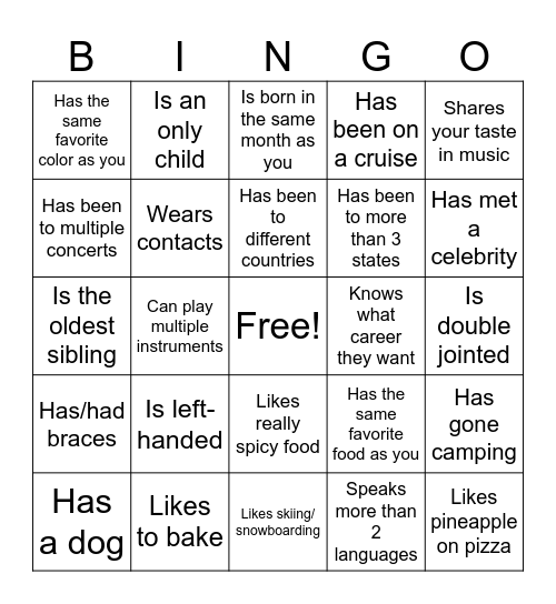New Student Bash Bingo Card