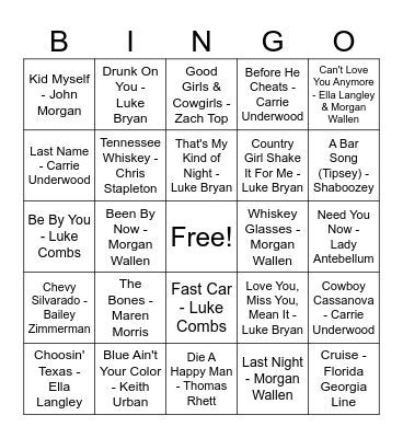New Country Bingo Card