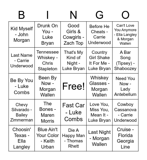 New Country Bingo Card