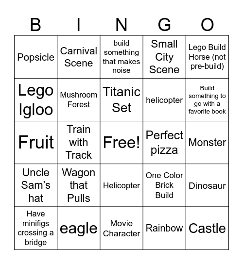 Pass the Bricks "Let's Build it" Bingo Card
