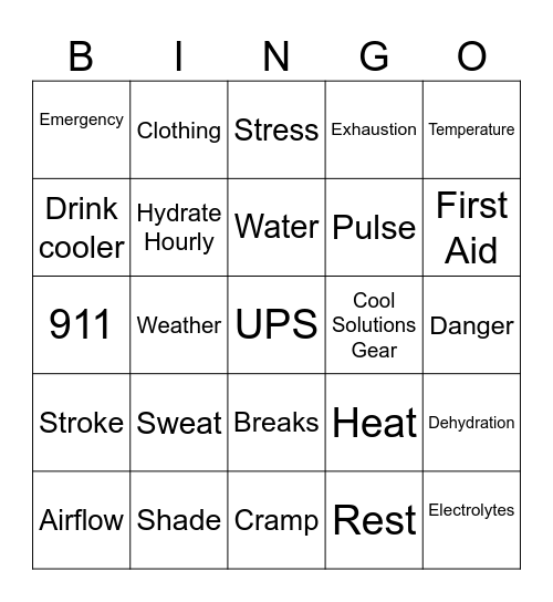 Heat Illness Bingo Card