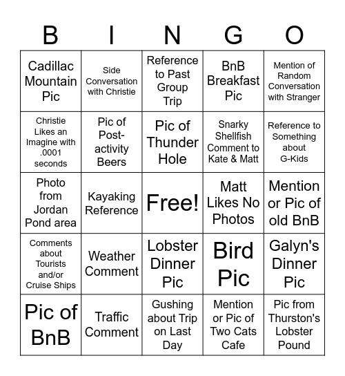 Bar Harbor Bingo Card