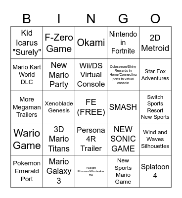 Nintendo Direct 9/9 Bingo Card