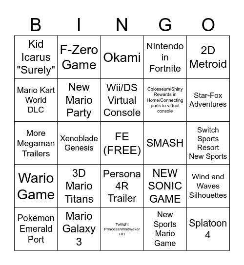 Nintendo Direct 9/9 Bingo Card