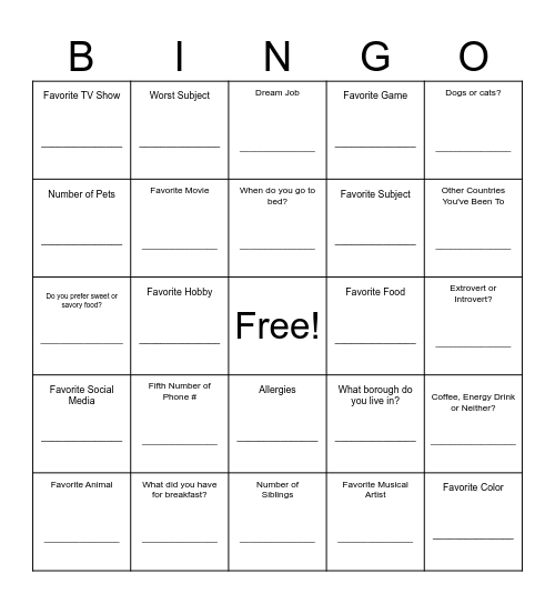 Icebreaker Bingo Card