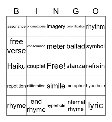 Poetry Bingo Card