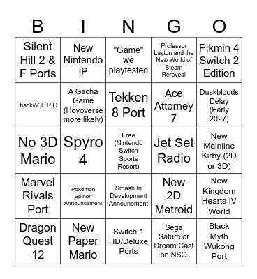 9/9/2026 Nintendo Direct Bingo Card