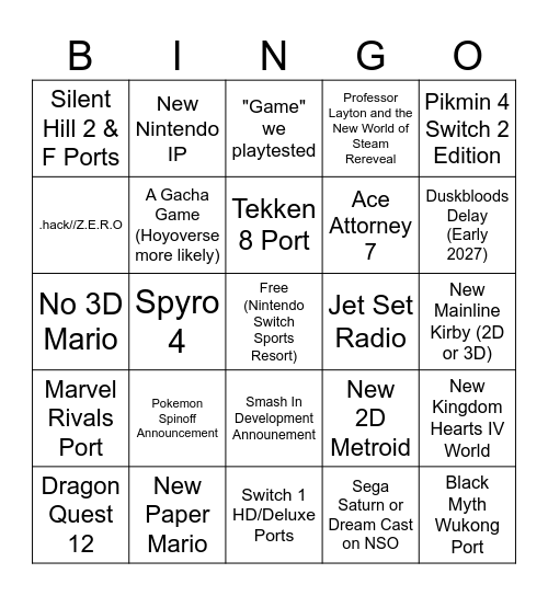 9/9/2026 Nintendo Direct Bingo Card