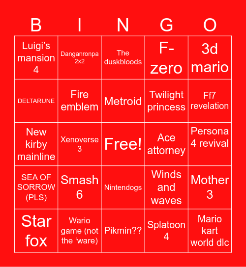 Nintendo direct 9/9/26 Bingo Card