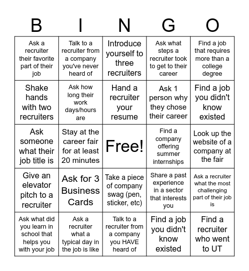 Career Fair BINGO Card