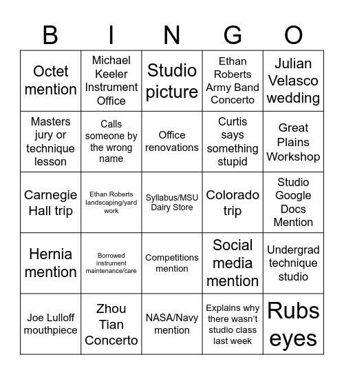 SaxJLStudioClass Bingo Card