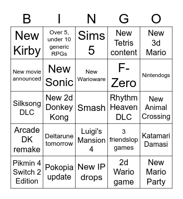 Nintendo Direct Bingo Card