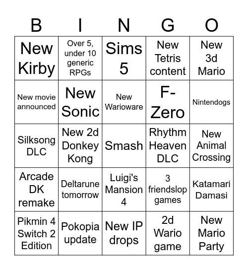 Nintendo Direct Bingo Card