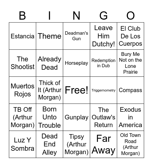 Red Dead Redemption Bingo Card