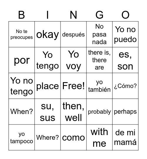 Palabras Importantes Bingo Card
