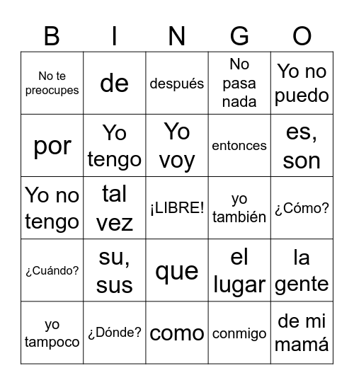 Palabras Importantes Bingo Card