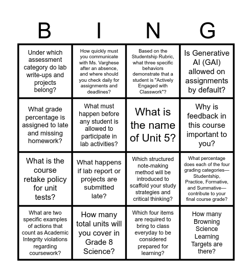 Syllabus Scavenger Bingo Card