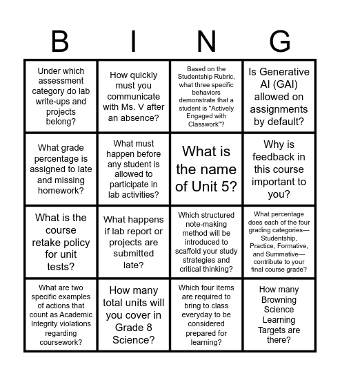 Syllabus Scavenger Bingo Card