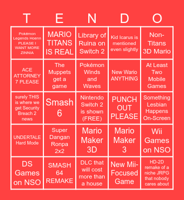 Nintendo Direct 9/9/2026 Bingo Card