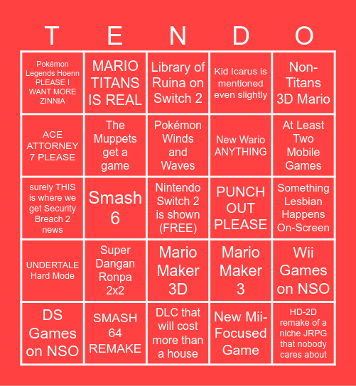 Nintendo Direct 9/9/2026 Bingo Card