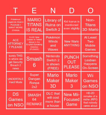 Nintendo Direct 9/9/2026 Bingo Card