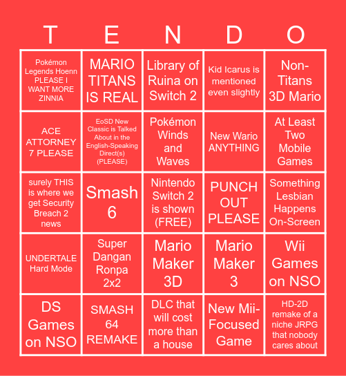 Nintendo Direct 9/9/2026 Bingo Card
