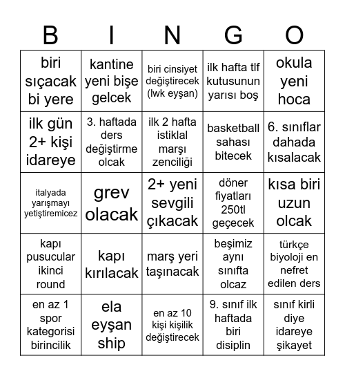 9. sınıf başlangıç bingosu Bingo Card