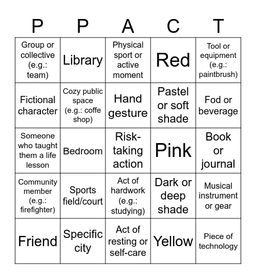 My Values Presentations Bingo Card