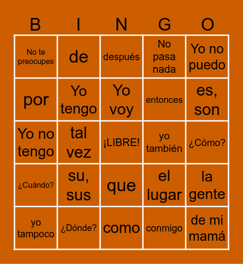 Palabras Importantes Bingo Card