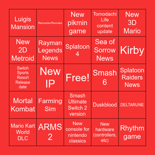 Nintendo Direct 9/9/2026 Bingo Card