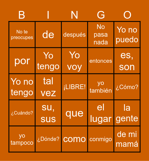 Palabras Importantes Bingo Card