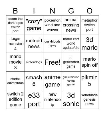 Nintendo direct Bingo Card