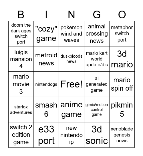 Nintendo direct Bingo Card