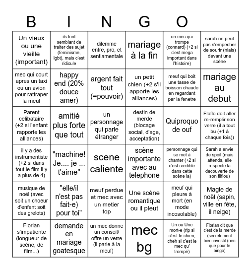 Love Actually Bingo Card