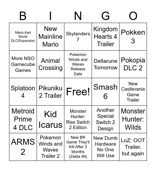Nintendo Direct 9/9 Bingo Card