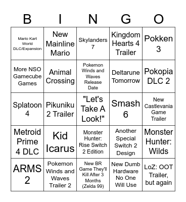 Nintendo Direct 9/9 Bingo Card