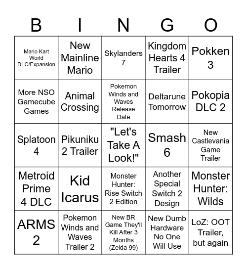 Nintendo Direct 9/9 Bingo Card
