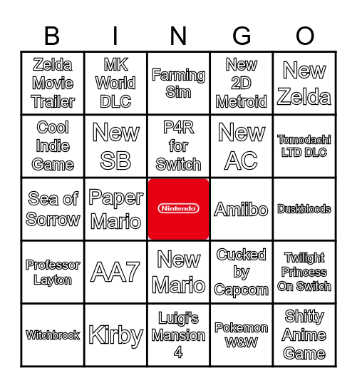 Nintendo Direct Bingo Card