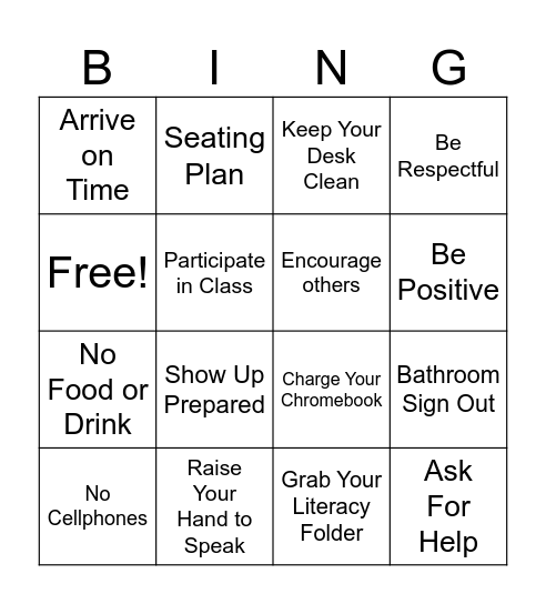 Classroom Rules Bingo Card